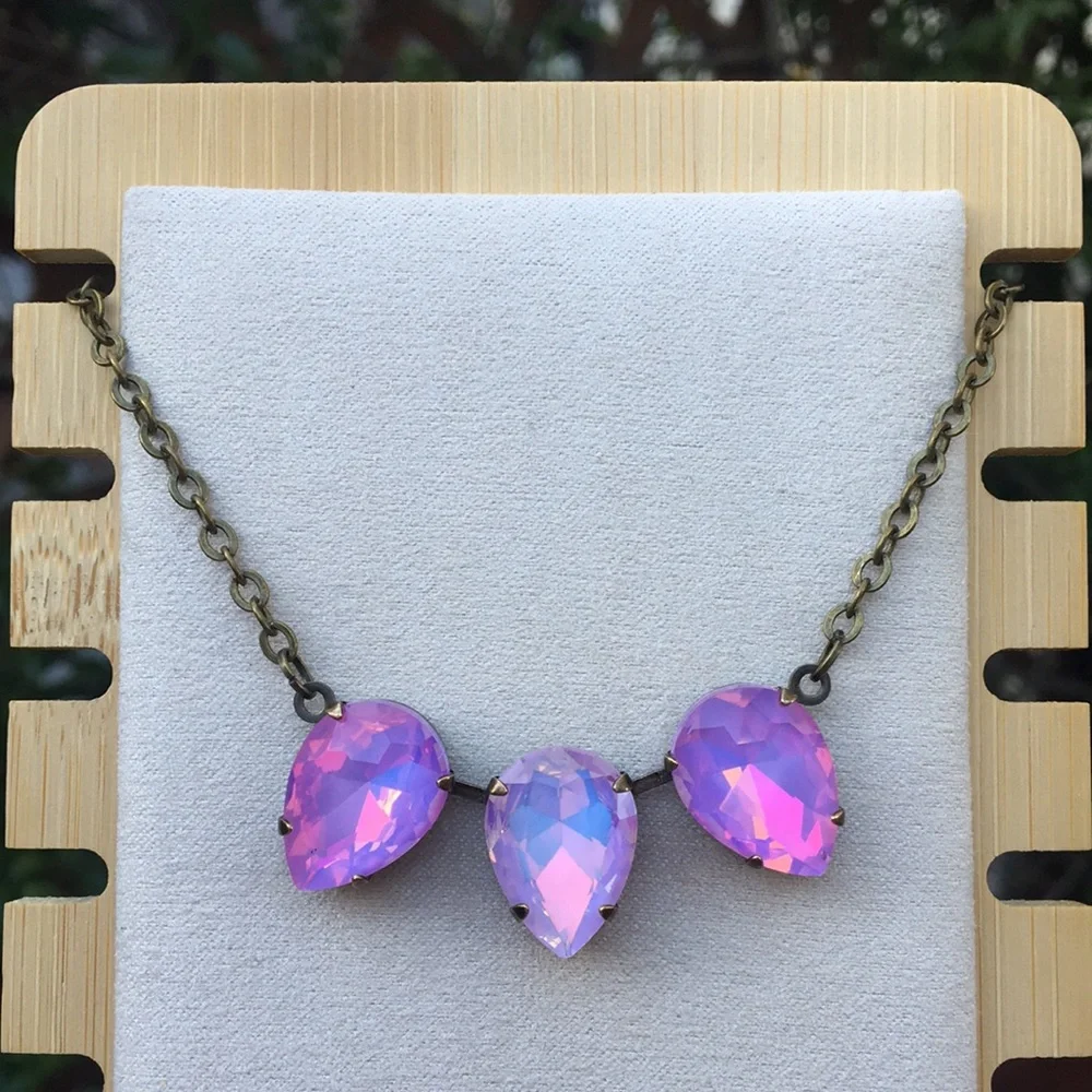 Purple + Pink Opal Aurora Borealis Antique Brass Pear Crystal Necklace